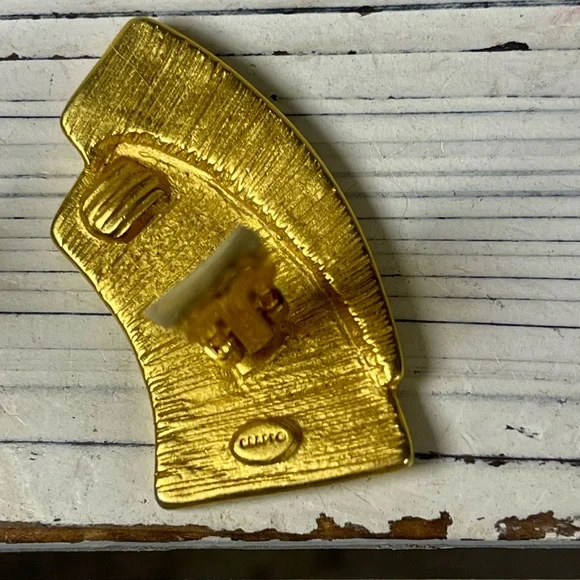 CRAFT Vintage 80’s MCM Art Deco Gold Tone Fan Signed Statement Clip On Earrings - Picture 5 of 10
